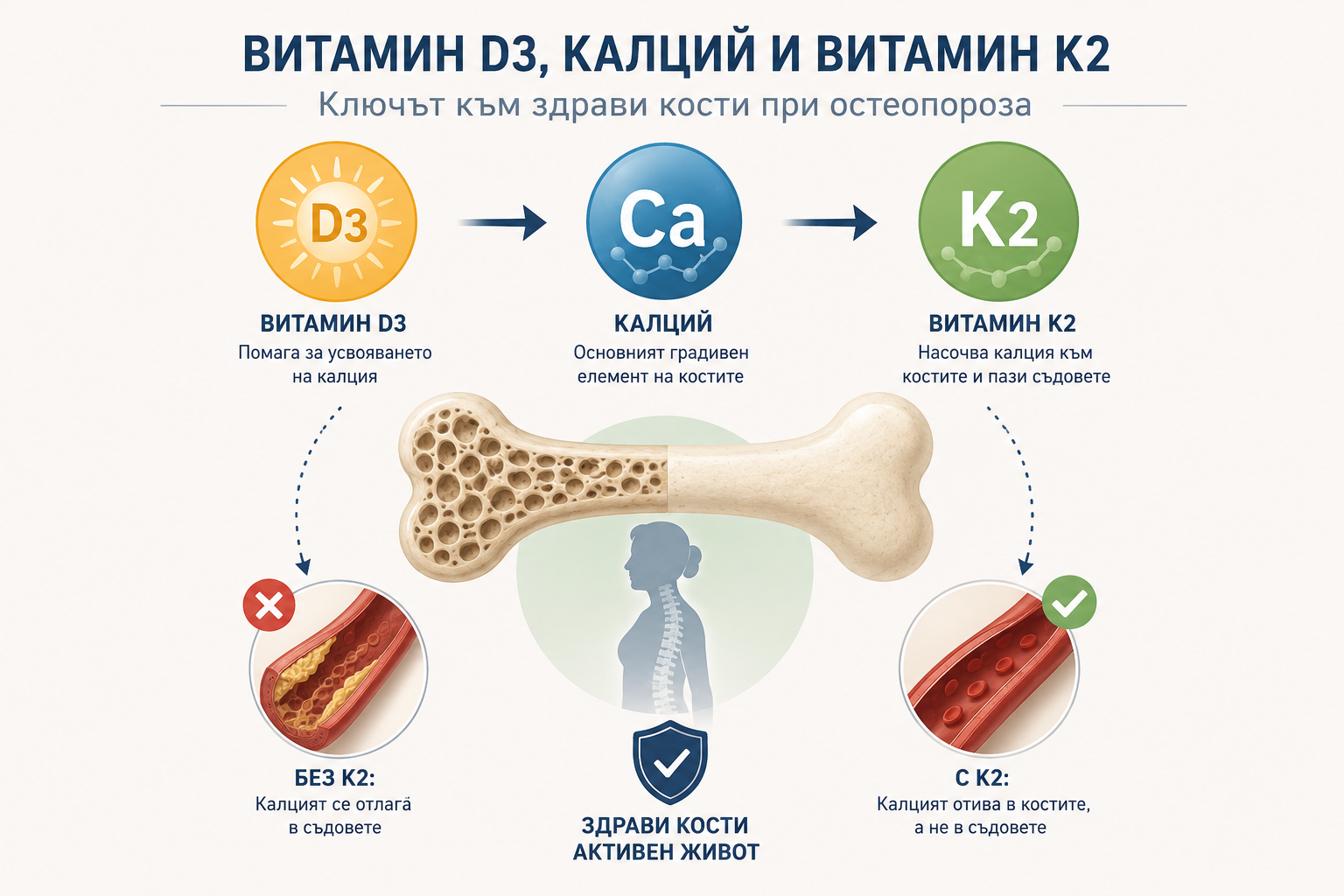 Защо витамин D3, калцият и витамин K2 са толкова важни при остеопороза?